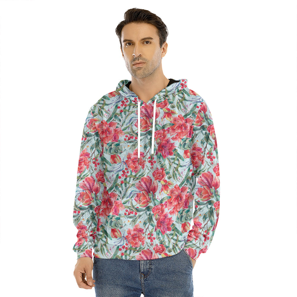 Red Amaryllis Pattern Print Men's Velvet Pullover Hoodie