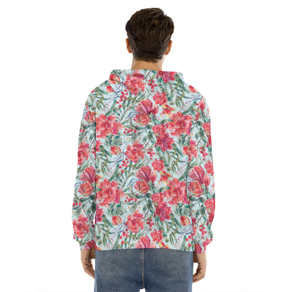 Red Amaryllis Pattern Print Men's Velvet Pullover Hoodie