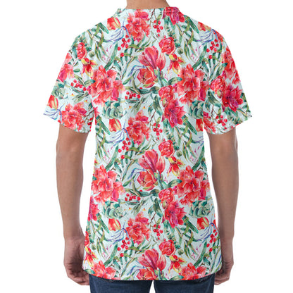 Red Amaryllis Pattern Print Men's Velvet T-Shirt