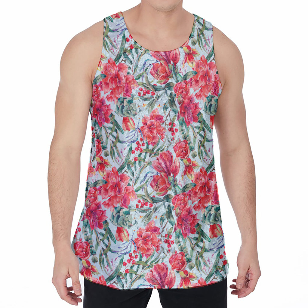 Red Amaryllis Pattern Print Men's Velvet Tank Top