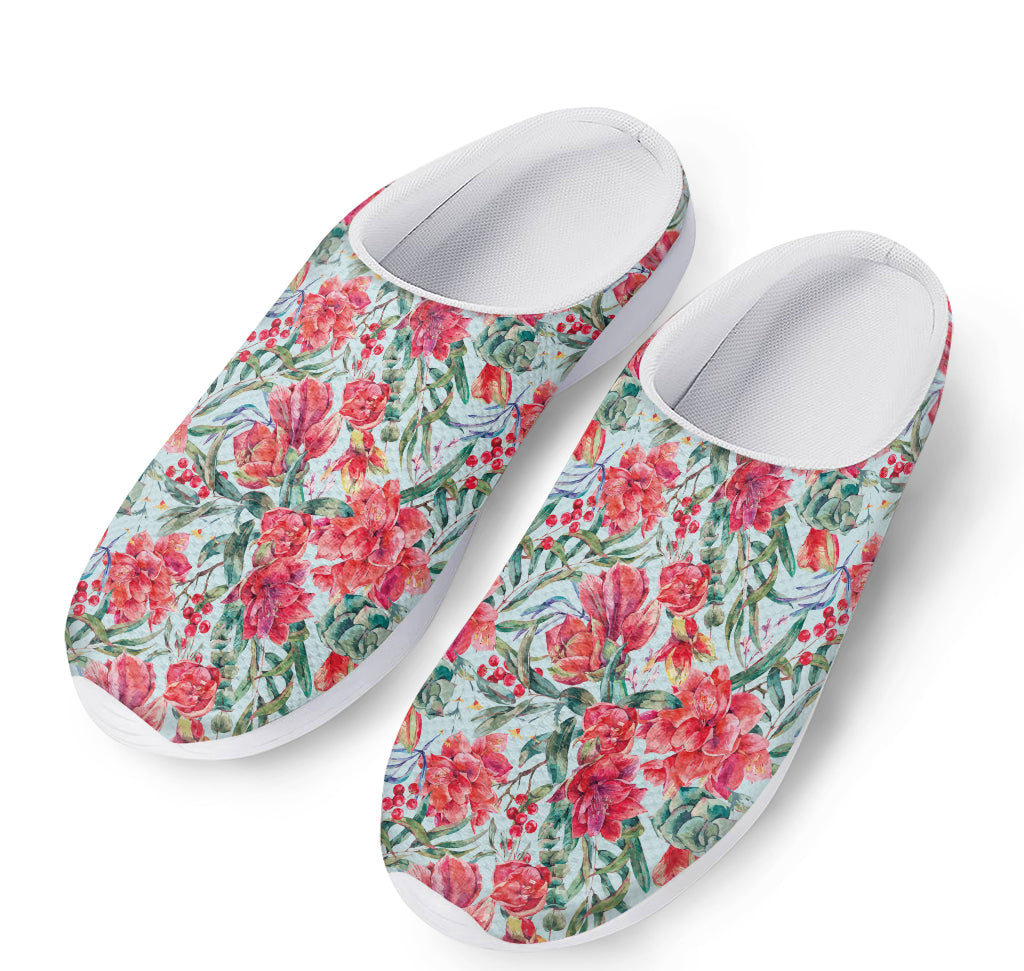 Red Amaryllis Pattern Print Mesh Casual Shoes