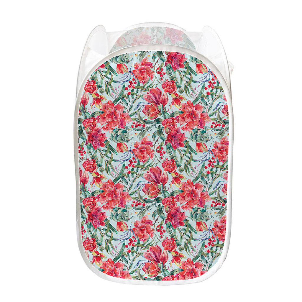 Red Amaryllis Pattern Print Mesh Laundry Hamper