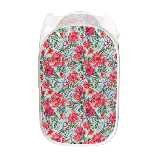 Red Amaryllis Pattern Print Mesh Laundry Hamper