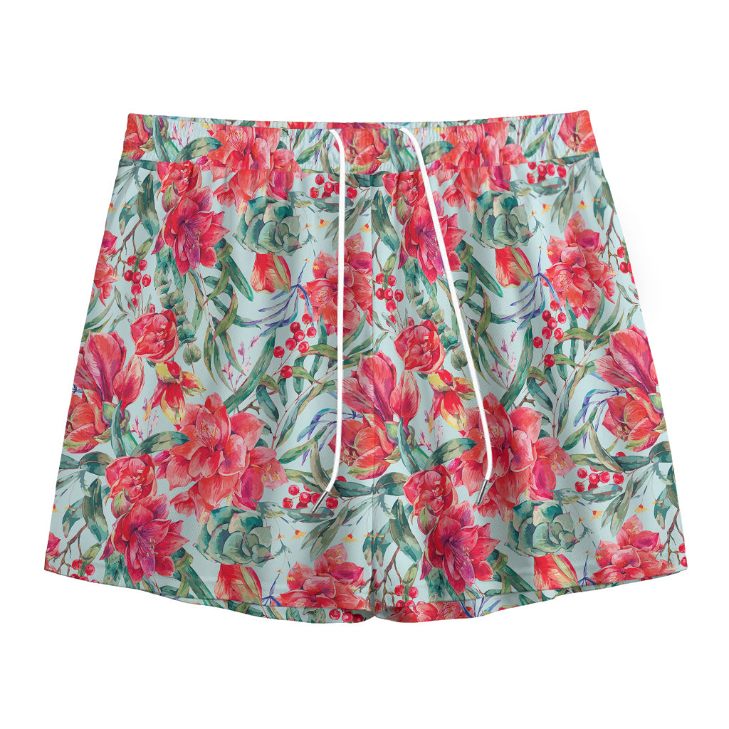 Red Amaryllis Pattern Print Mesh Shorts