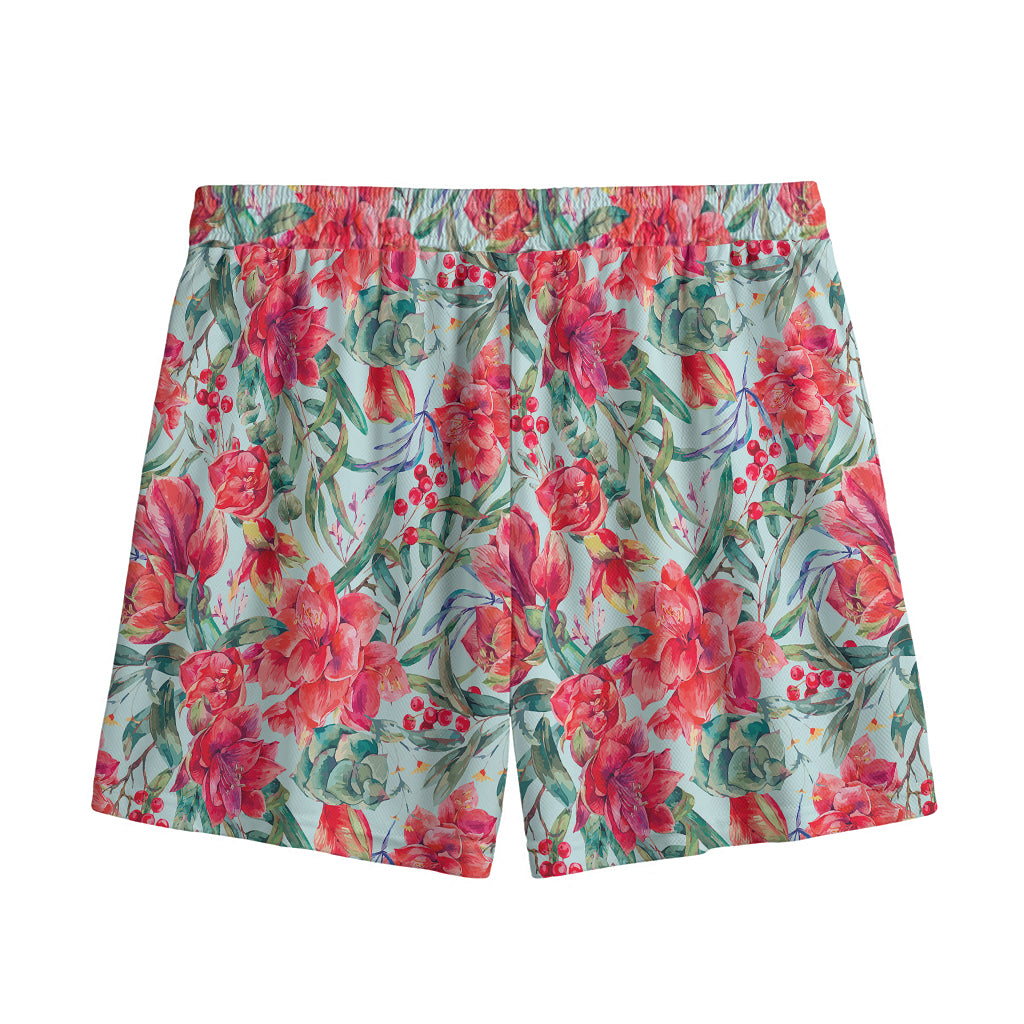 Red Amaryllis Pattern Print Mesh Shorts