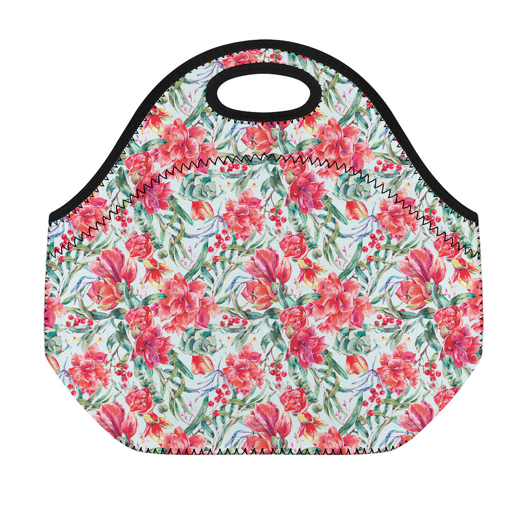 Red Amaryllis Pattern Print Neoprene Lunch Bag