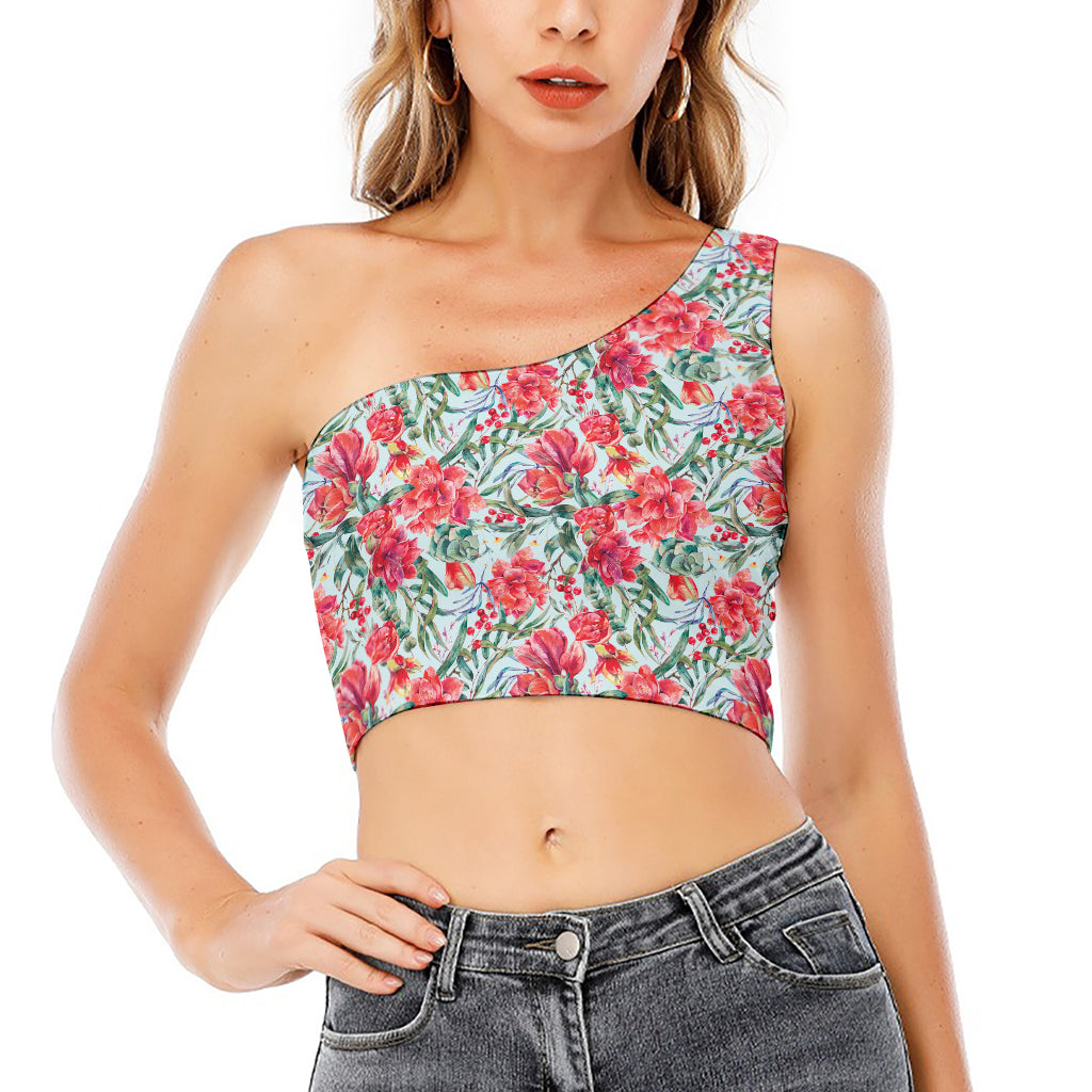 Red Amaryllis Pattern Print One Shoulder Crop Top