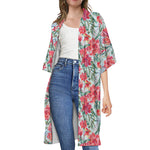 Red Amaryllis Pattern Print Open Front Beach Cover Up