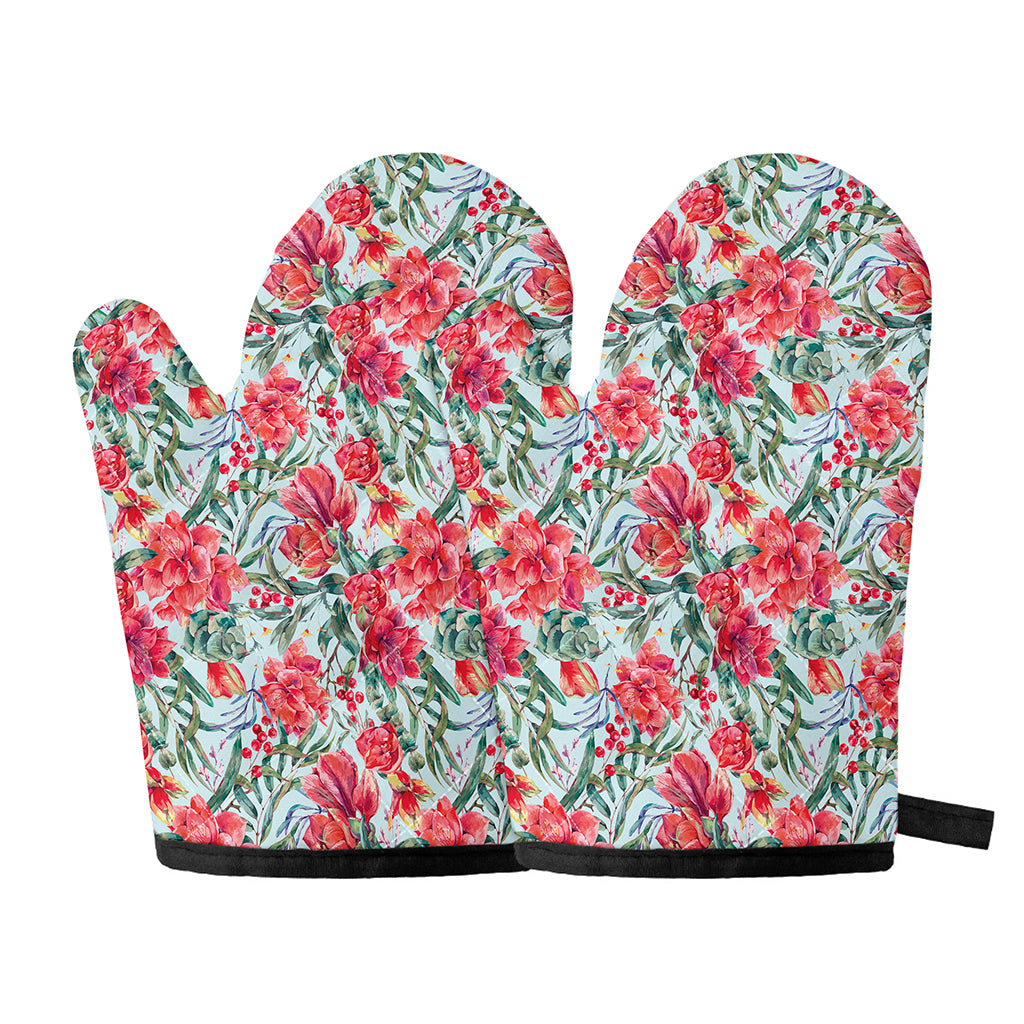 Red Amaryllis Pattern Print Oven Mitts