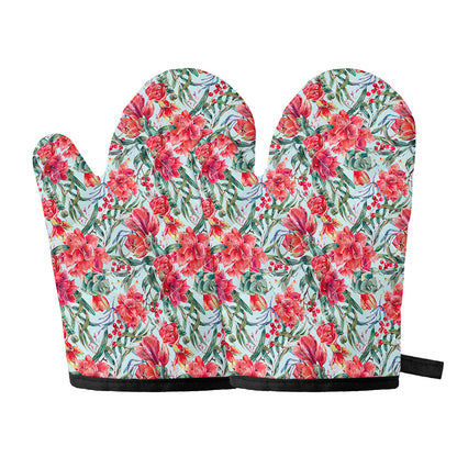Red Amaryllis Pattern Print Oven Mitts