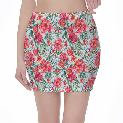 Red Amaryllis Pattern Print Pencil Mini Skirt