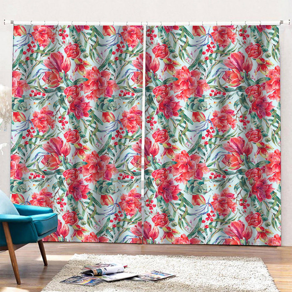 Red Amaryllis Pattern Print Pencil Pleat Curtains