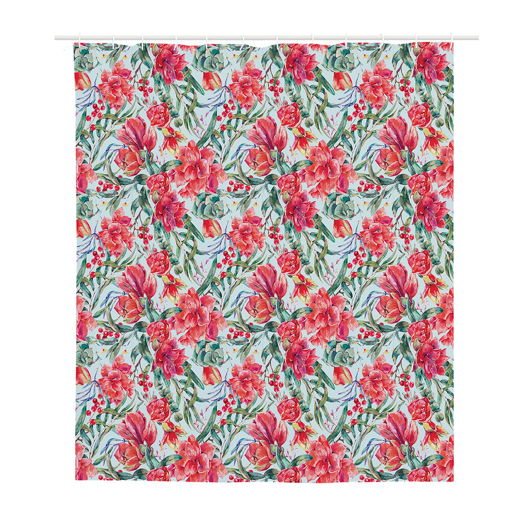 Red Amaryllis Pattern Print Polyester Shower Curtain