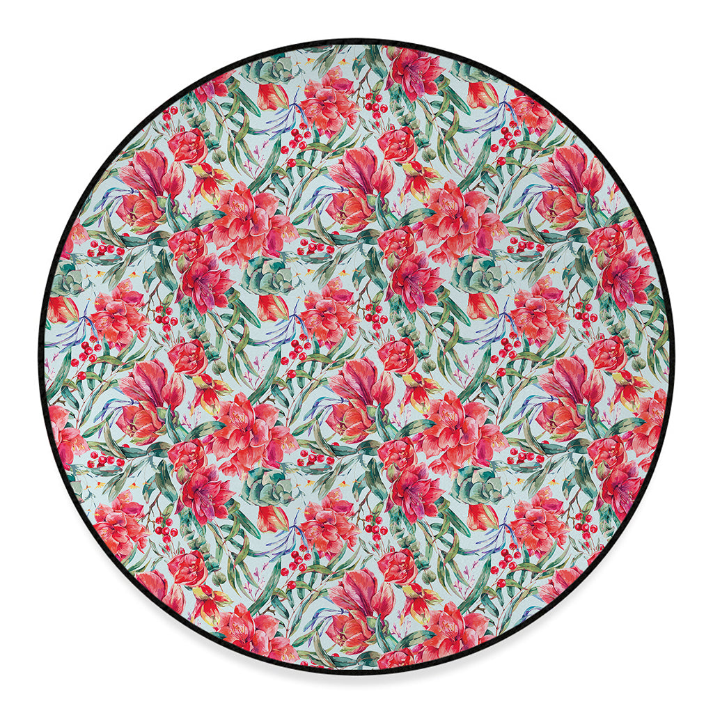Red Amaryllis Pattern Print Round Floor Mat