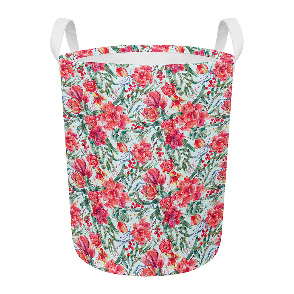 Red Amaryllis Pattern Print Round Laundry Basket