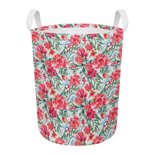 Red Amaryllis Pattern Print Round Laundry Basket