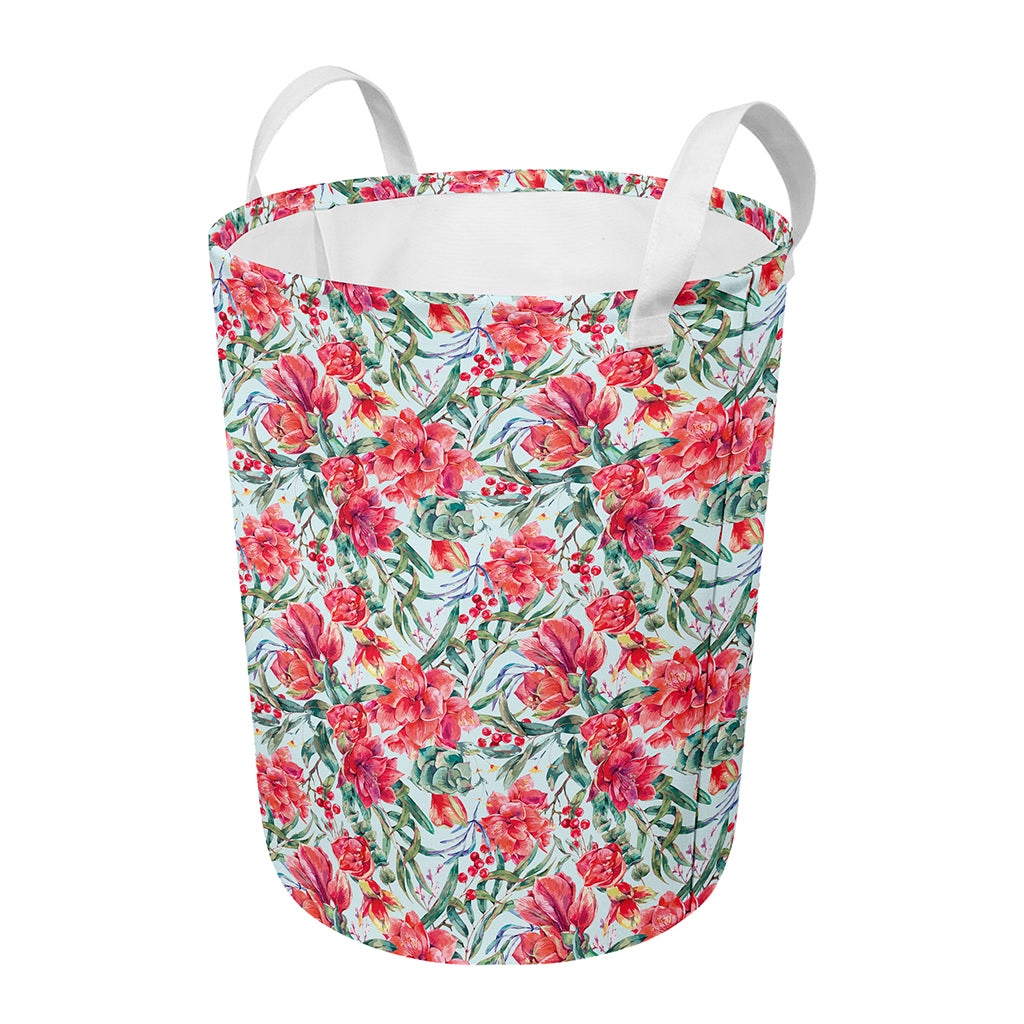 Red Amaryllis Pattern Print Round Laundry Basket