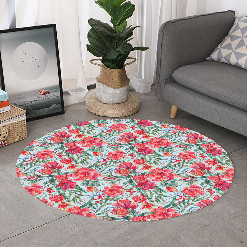 Red Amaryllis Pattern Print Round Rug