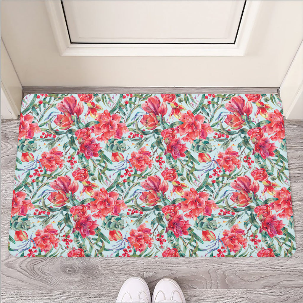 Red Amaryllis Pattern Print Rubber Doormat