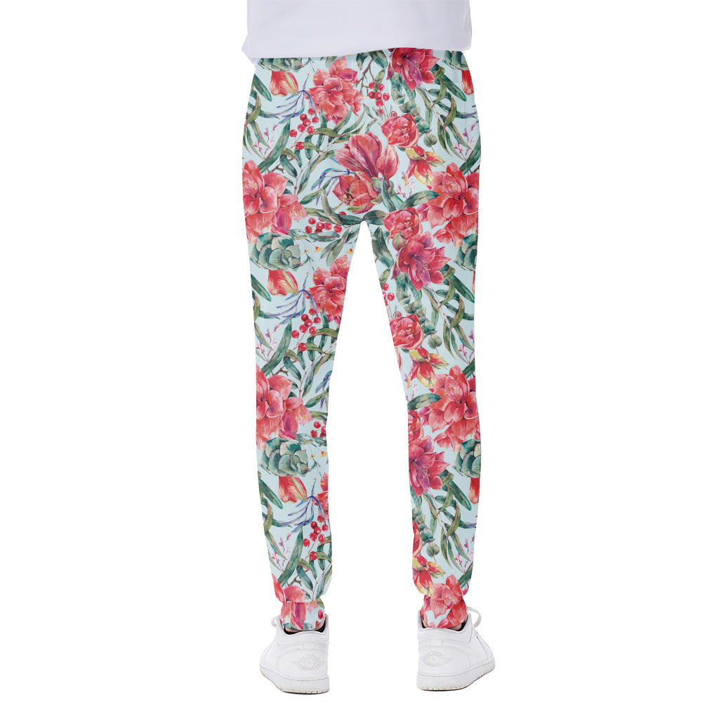 Red Amaryllis Pattern Print Scuba Joggers