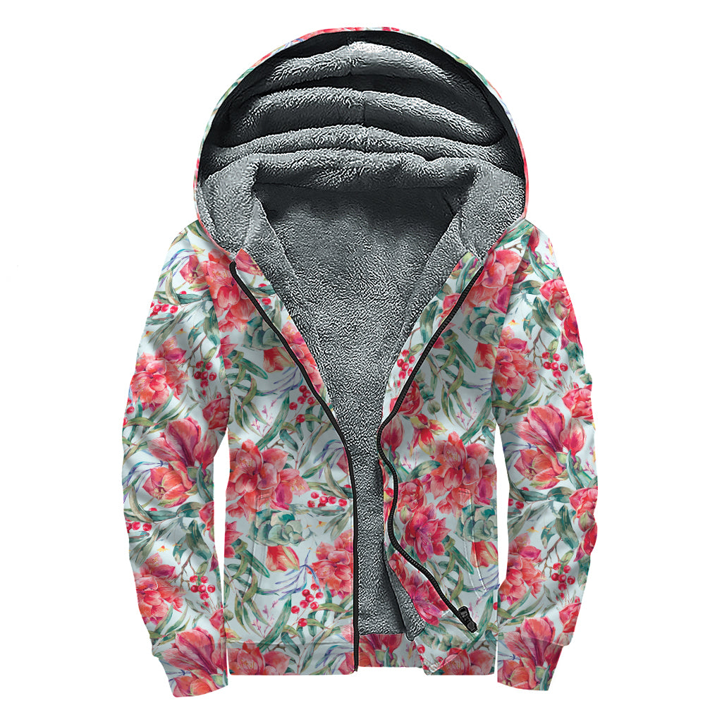 Red Amaryllis Pattern Print Sherpa Lined Zip Up Hoodie