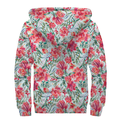 Red Amaryllis Pattern Print Sherpa Lined Zip Up Hoodie