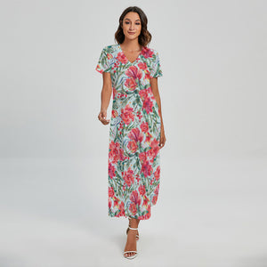 Red Amaryllis Pattern Print Short Sleeve Maxi Dress