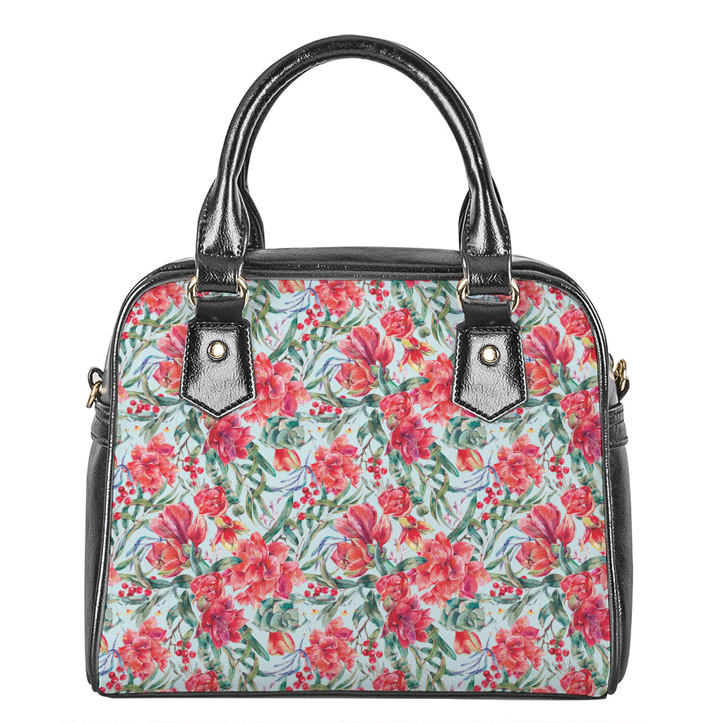 Red Amaryllis Pattern Print Shoulder Handbag