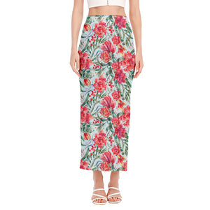 Red Amaryllis Pattern Print Side Slit Maxi Skirt