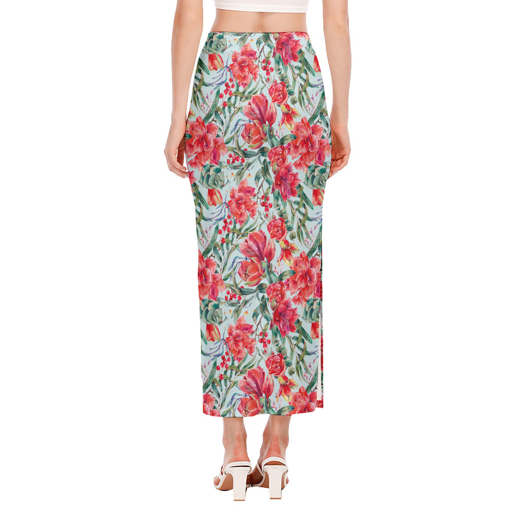 Red Amaryllis Pattern Print Side Slit Maxi Skirt