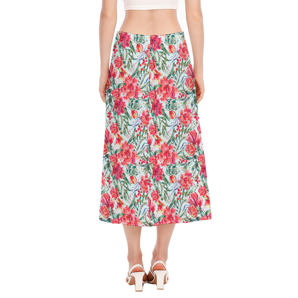 Red Amaryllis Pattern Print Side Slit Midi Skirt