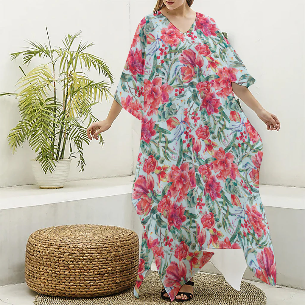 Red Amaryllis Pattern Print Silk V-Neck Kaftan Dress