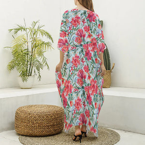 Red Amaryllis Pattern Print Silk V-Neck Kaftan Dress