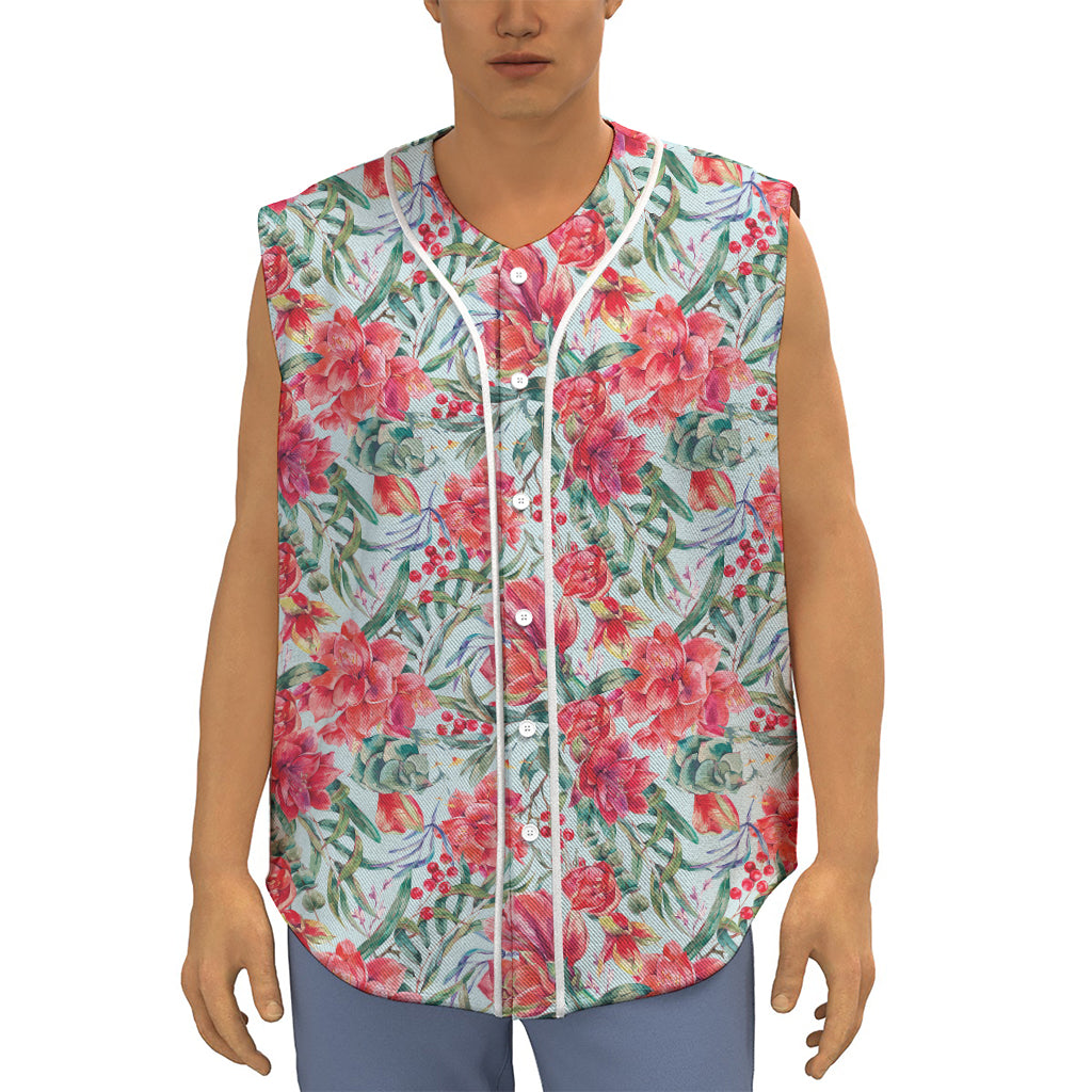 Red Amaryllis Pattern Print Sleeveless Baseball Jersey