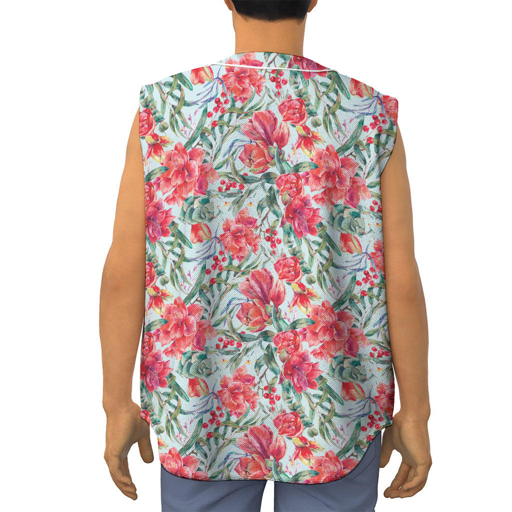 Red Amaryllis Pattern Print Sleeveless Baseball Jersey