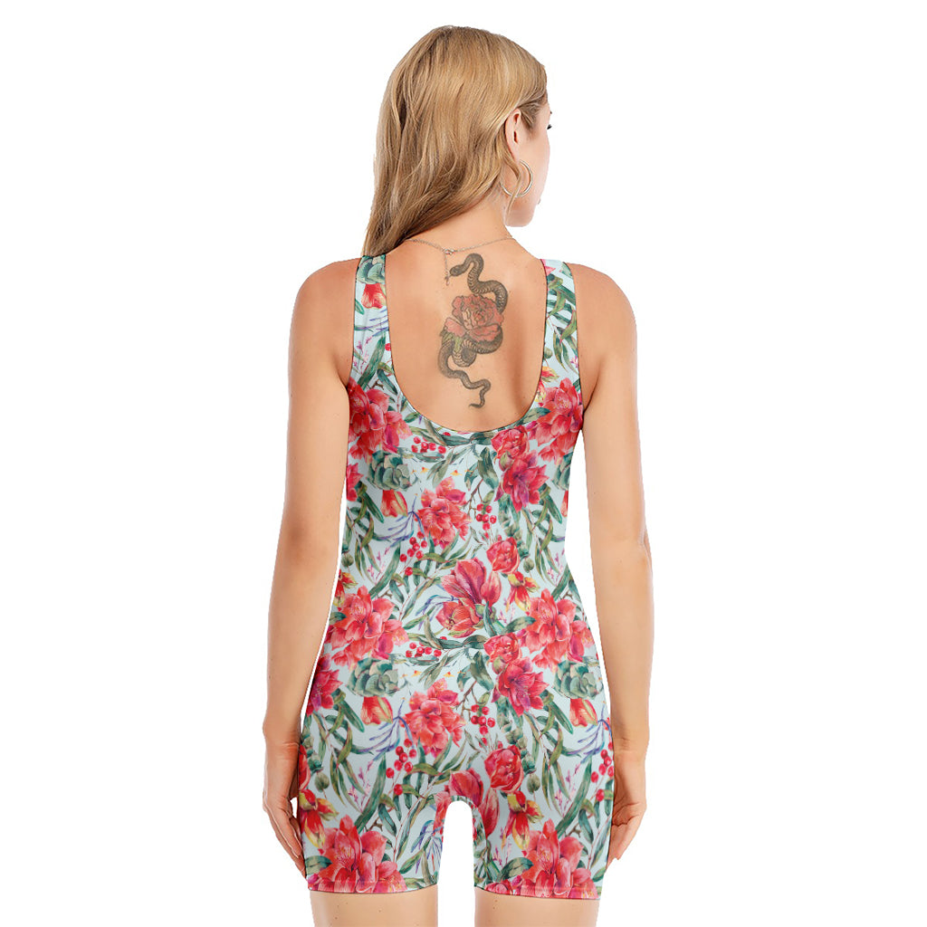 Red Amaryllis Pattern Print Sleeveless One Piece Swimsuit