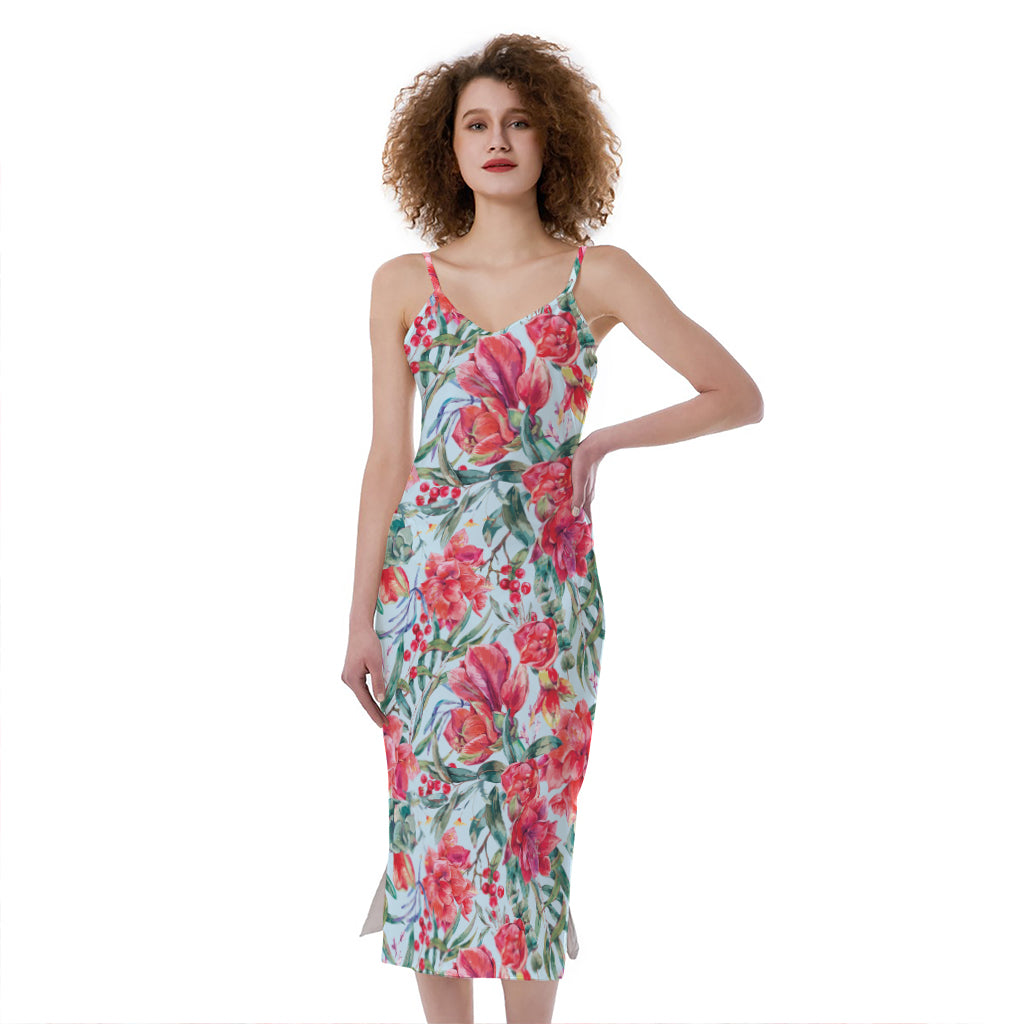 Red Amaryllis Pattern Print Slim Fit Midi Cami Dress