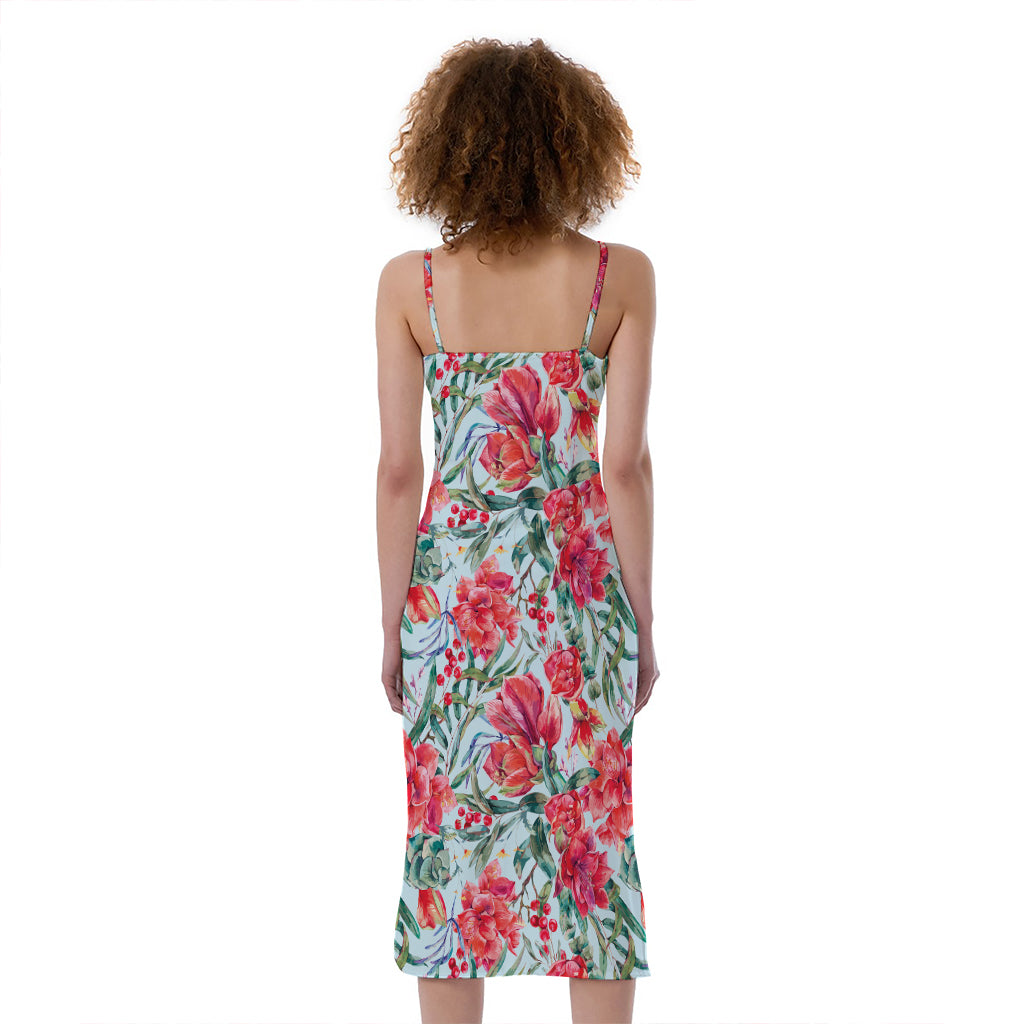 Red Amaryllis Pattern Print Slim Fit Midi Cami Dress