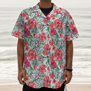 Red Amaryllis Pattern Print Textured Short Sleeve Shirt