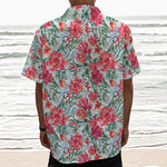 Red Amaryllis Pattern Print Textured Short Sleeve Shirt