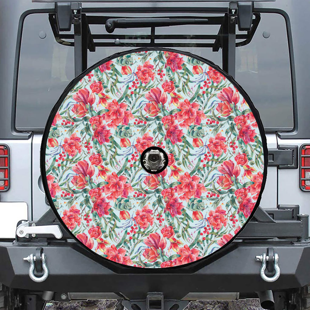 Red Amaryllis Pattern Print Tire Cover With Camera Hole
