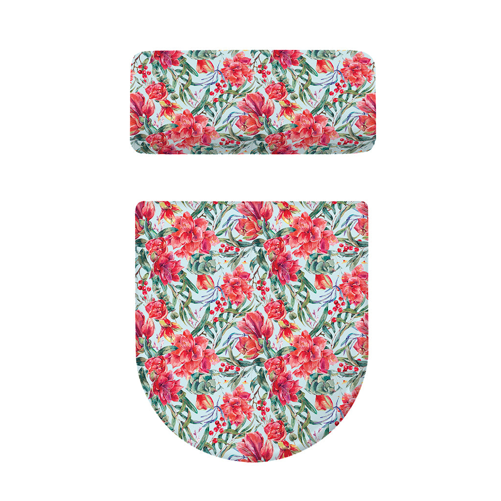 Red Amaryllis Pattern Print Toilet Lid And Tank Cover Set