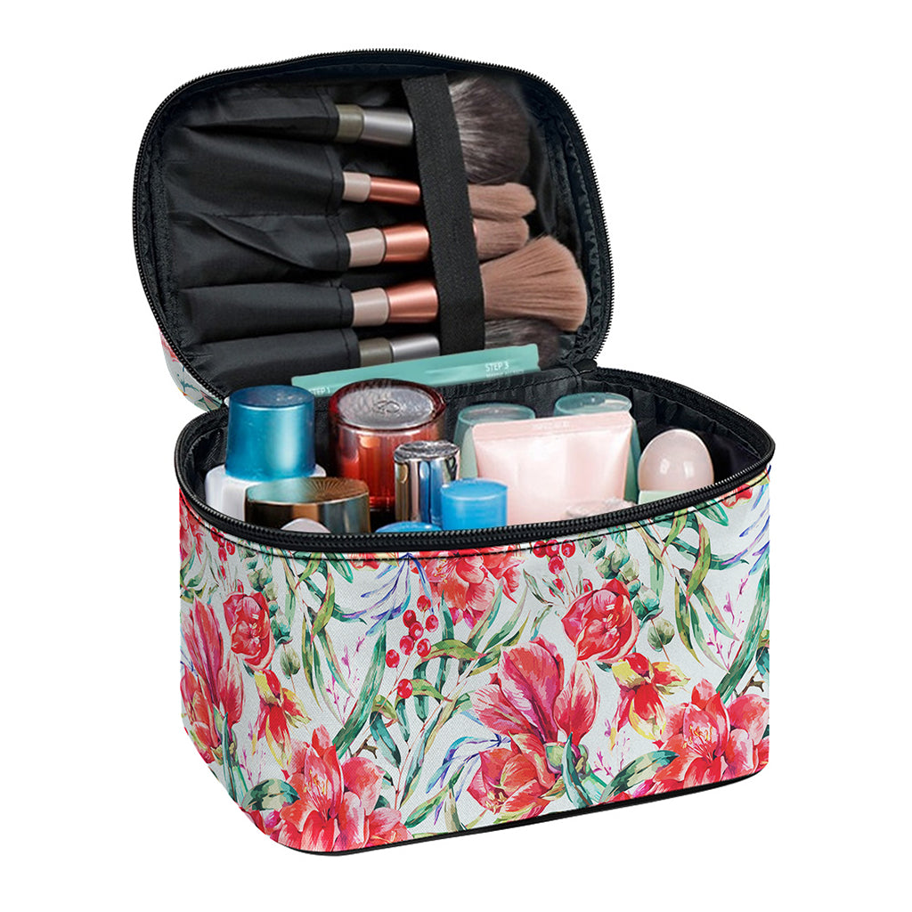 Red Amaryllis Pattern Print Travel Makeup Bag