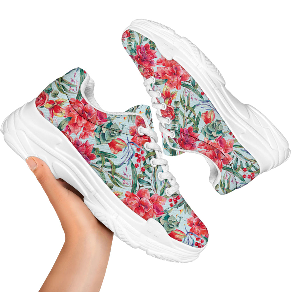 Red Amaryllis Pattern Print White Chunky Shoes