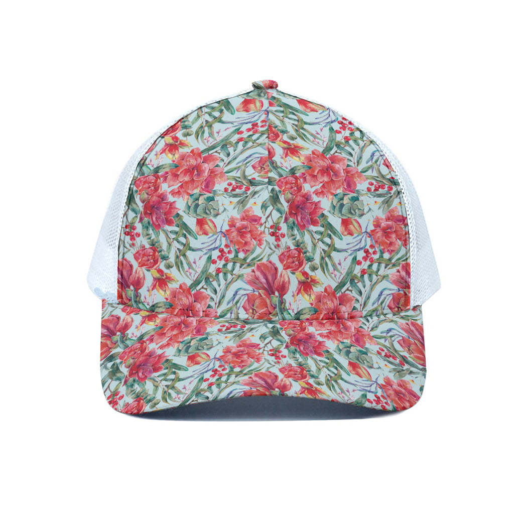 Red Amaryllis Pattern Print White Mesh Trucker Cap