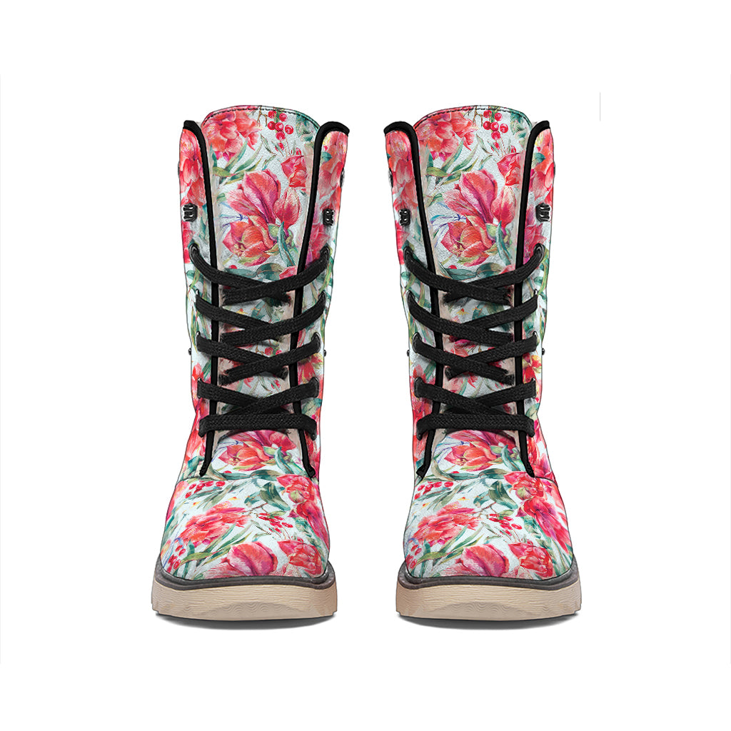 Red Amaryllis Pattern Print Winter Boots