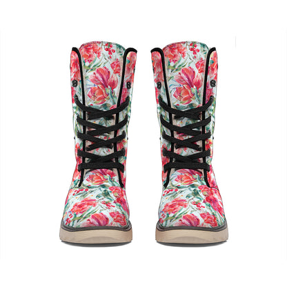 Red Amaryllis Pattern Print Winter Boots