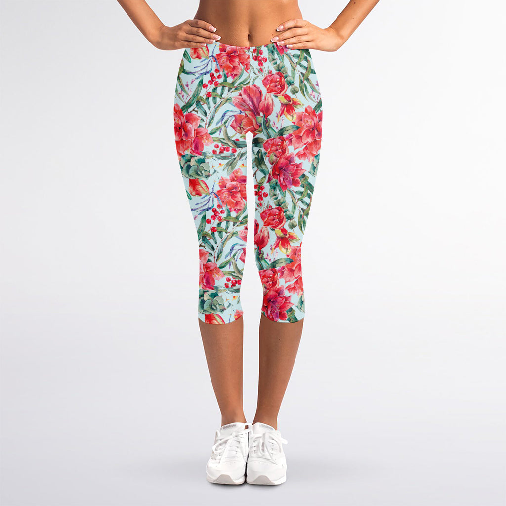 Red Amaryllis Pattern Print Women's Capri Leggings