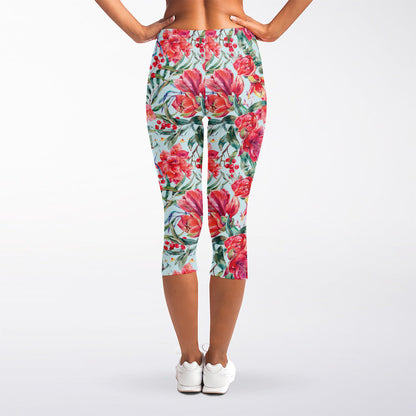 Red Amaryllis Pattern Print Women's Capri Leggings