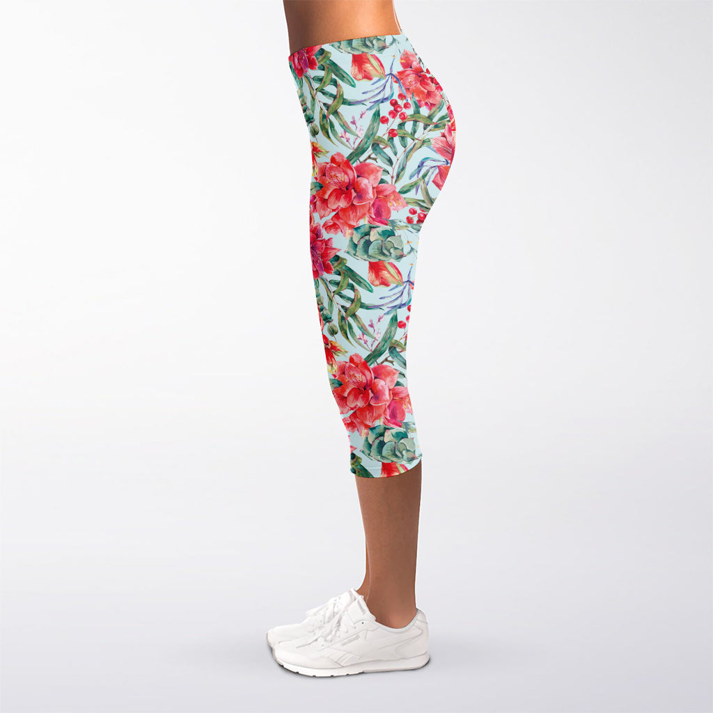 Red Amaryllis Pattern Print Women's Capri Leggings